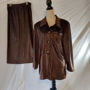 Vintage Karolyne Brown Skirt Suit 100%Polyester Look like Faux Leather Size 10